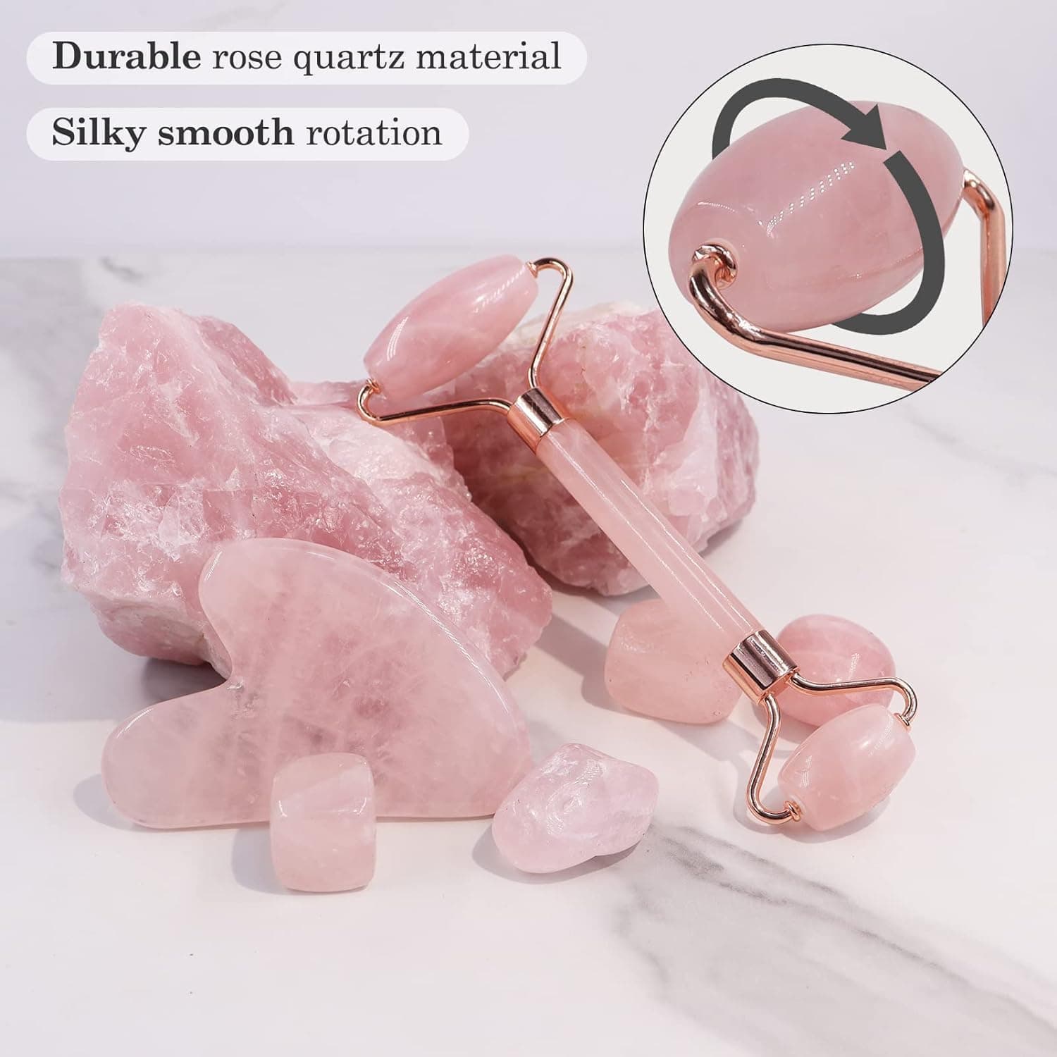 LGLAU Jade Roller and Gua Sha Stone Massage Tool Set, Natural Rose Quartz Jade Face Roller Stone for Skin Care Anti Aging, De-Puffing, Detoxifying, Brightening, and Refreshes Skin Tool (Pink) thumbnail 2