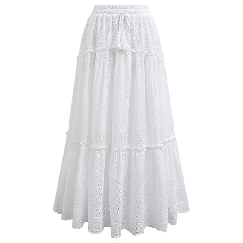 CHICWISH Women Summer Boho Maxi Skirt Eyelet Embroidery Elastic Waist Tassel String Casual Cotton Beach Vacation Long Skirts - Image 1