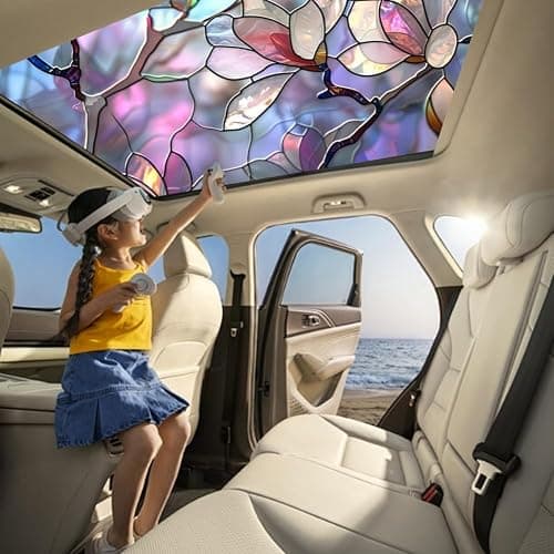 JOONOR Retro Magnolia Sunroof Film,Stained Glass Decals Colorful Floral Window Privacy Film for Car Sunroof Living Room Sun Blocking Decor Removable Static Cling PVC Stickers, 17.72 x 35.43 Inch thumbnail 2