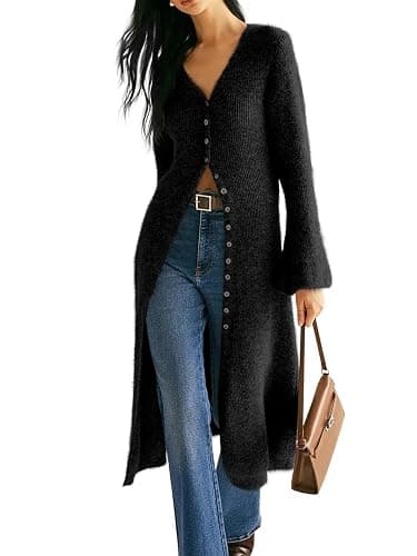 Jenisso Womens V-Neck Button Maxi Cardigan Bell Long Sleeve Open Front Split Breasted Sweater Dress thumbnail 4