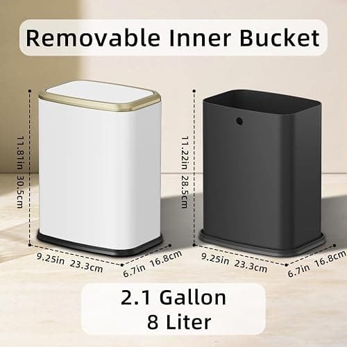 KHMMGK 8L/2.1 Gallon Small Bathroom Trash Can with Lid, Swing-Top Rectangular Waste Bin, Stainless Steel Garbage Can for Home, Office, Toilet, Bedroom, Living-Room (White) thumbnail 6