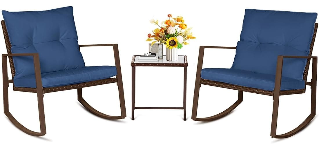 SUNCROWN 3 Piece Outdoor Rocking Bistro Set Brown Wicker Furniture Porch Chairs Conversation Sets with Glass Coffee Table, Dark Blue - Image 1