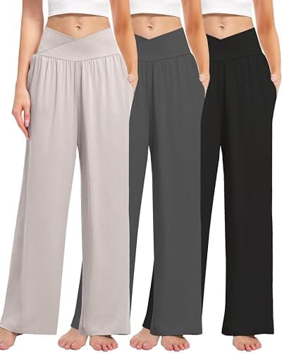 Kivdol 3 Pack Women's Wide Leg Pants Crossover with Pockets High Waist Loose Sweatpants Casual Lounge Yoga Workout Palazzo - Image 1