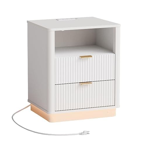BONITURE Led Fluted Nightstand, Curved Night Stand with Charging Station Lighting, Wood Side Table with 2 Drawers, Modern End Table Storage Cabinet for Bedroom(1, White) thumbnail 9