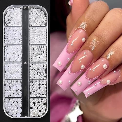 Multi Sizes Round and Half Round Pearls 3D Nail Charms, White Flatback Pearls Nail Jewelry for Women Girls Manicure Nails Supplies DIY Crafts Decorations…… - Image 1