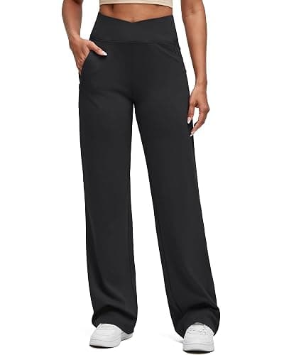 G4Free BareFeel High Stretch Women Wide Leg Yoga Pants Cross Waist Casual Trousers with Zipper Pockets 29"/31"/33" thumbnail 2