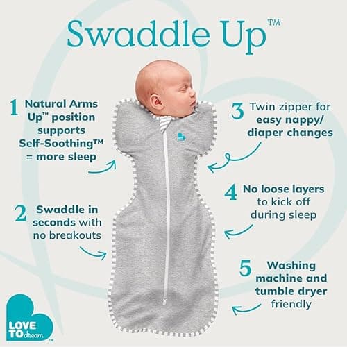 Love To Dream Swaddle UP, Gray, Newborn, 5-8.5 lbs., Dramatically better sleep, Allow baby to sleep in their preferred arms up position for self-soothing, snug fit calms startle reflex - Gray - Newborn (5-8.5 lbs) thumbnail 7