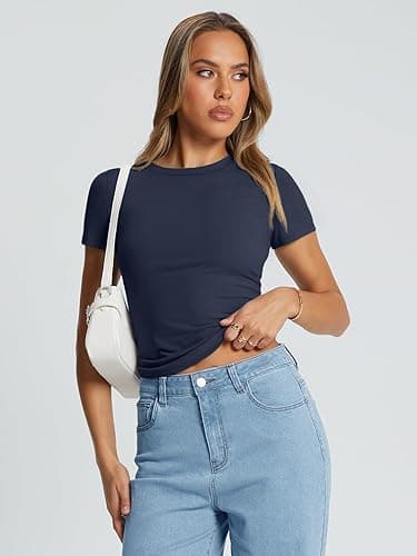 Trendy Queen Womens Basic T Shirts Summer Tops 2025 Crop Short Sleeve Slim Fit Tee Cute Gym Workout Clothes - Medium - Navy thumbnail 5