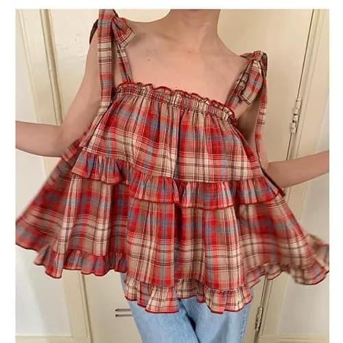 Women's Camisole Tank Tops Red Plaid Camisoles Women Vintage Ruffles Cute Girlish Cropped Tops Holiday Streetwear (Red,One Size,Large) thumbnail 2