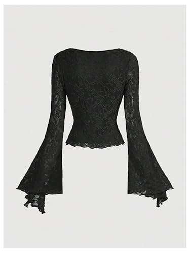 QJQ Women's Sheer Mesh Grunge Shirts Long Bell Sleeve Crewneck Going Out Lace Tops Goth Clothes thumbnail 2