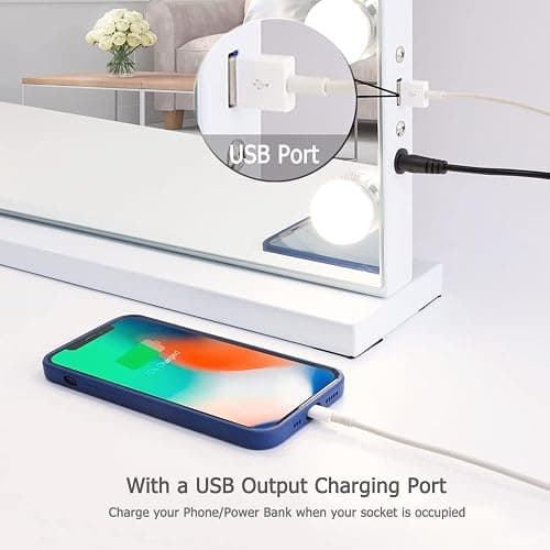 Hansong Vanity Mirror with Lights and Bluetooth Speaker 32"x 22.8" Hollywood Makeup Mirror with 18 LED Bulbs, Large Lighted Mirror with 3 Color Modes, USB Charging, 10x Magnification, Tempered Glass thumbnail 4