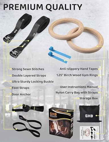 GHB Gymnastic Rings Wooden Gym Rings 1.25" Olympic Rings Adjustable Straps Pull Up Rings Sets for Workout Bodyweight Fitness Training thumbnail 3