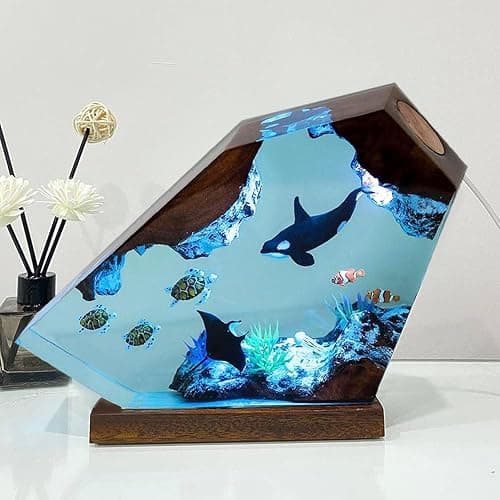 Orca Ocean Resin Lamp, Handmade Wooden Table Resin Night Light, USB Port Art Ornaments for Home Office Decor, Scuba Diver Gifts for Holiday, Unique Birthday Gifts for Mom Grandma Brother Sister thumbnail 2