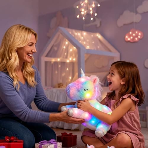 Hopearl LED Plush Unicorn Lighting Up Stuffed Mommy Unicorn with 3 Baby Unicorns in her Tummy Stuffed Animal Playset Night Lights Glow in The Dark for Mom Toddler Girls, Rainbow, 19'' thumbnail 9
