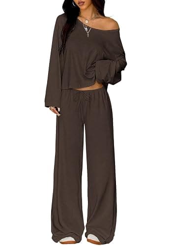 TDCoool Two Piece Matching Lounge Sets For Women Vacation Airport Fall Outfits Off Shoulder Sweatshirt Wide Leg Sweatpant Set - Image 1