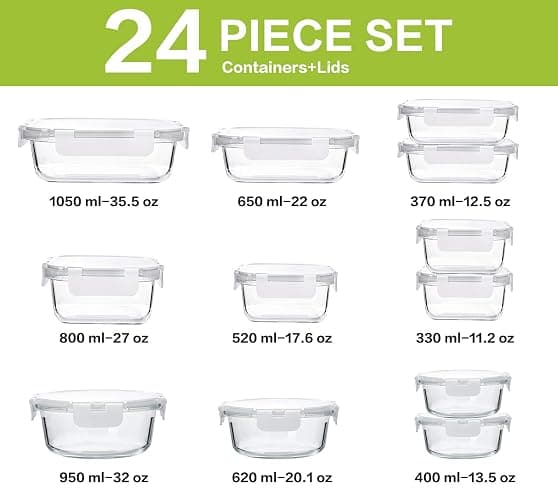 24-Piece Glass Food Storage Containers with Upgraded Snap Locking Lids,Glass Meal Prep Containers Set - Airtight Lunch Containers, Microwave, Oven, Freezer and Dishwasher,White thumbnail 3