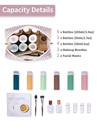 Narwey Striped Makeup Bag Travel Cosmetic Bag Organizer Toiletry Bag Make Up Bags with Compartments for Women Girls (Large, Dusty Rose Stripe) thumbnail 3