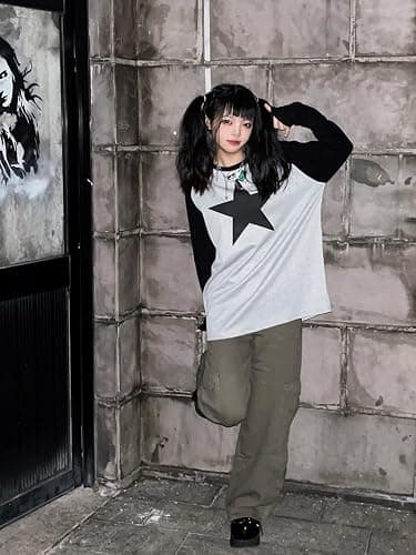 Pooyikoi Y2K Pullover T-Shirts Women Contrast Patchwork Grunge Harajuku Clothes Full Sleeve Preppy Long Sweats Tops thumbnail 6