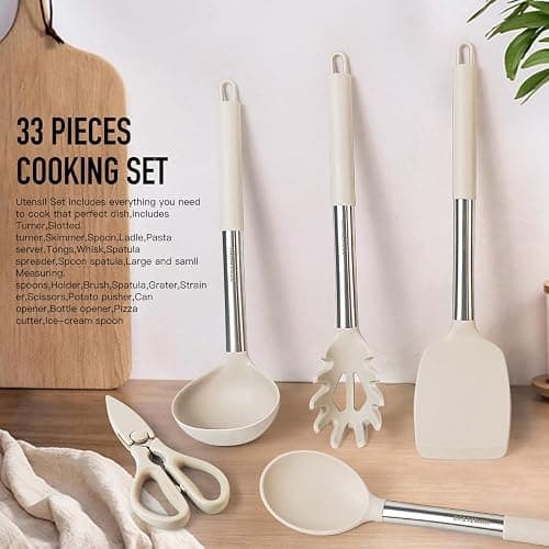 Kitchen Utensils Set-Silicone Cooking Utensils-33pcs Non-Stick Silicone Cooking Kitchen Utensils Spatula Set with Holder-Best Kitchen Cookware with Stainless Steel Handle (Khaki) thumbnail 4