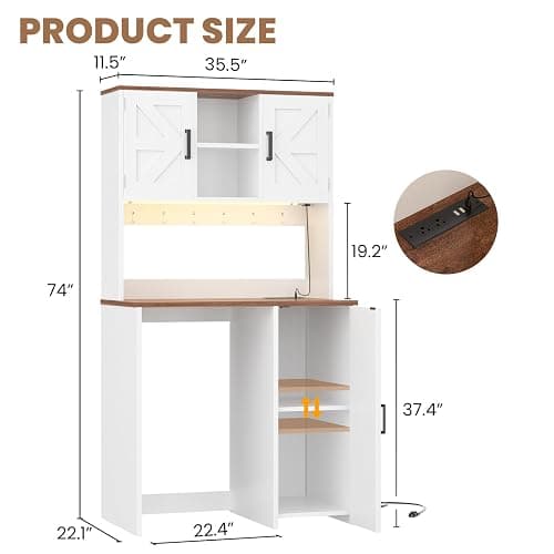 Unikito Mini Fridge Cabinet with Storage, Outlet and LED Light, White | 74" Coffee Bar Cabinet, Liquor Wine Bar Stand with Mini Fridge Space & Microwave Shelf, Beverage Station for Home Kitchen thumbnail 2