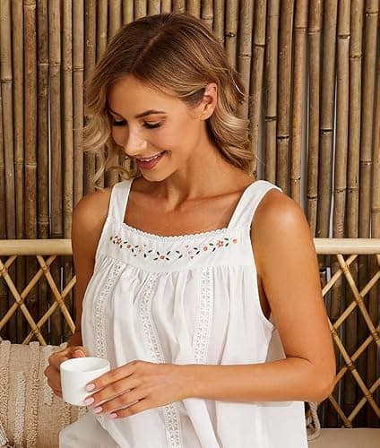 YOZLY Cotton Nightgowns for Women Embroidery Sleeveless Night Gown with Pockets S-XXXL thumbnail 6