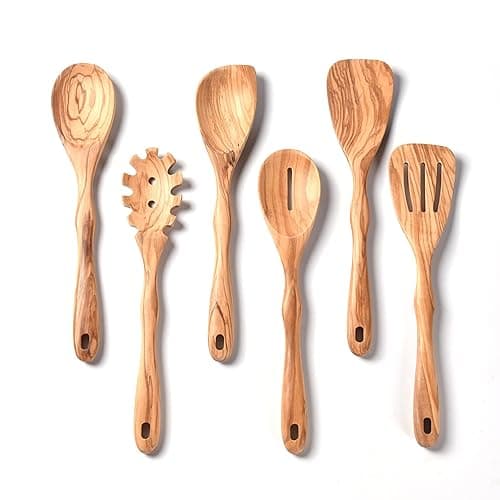 Olive Wooden Utensils for Cooking, Long Handle Wooden Spoons for Cooking, 6 PCES Crafting Wooden Spoon Set, Wooden Kitchen Utensil set, Natural Olive Wood utensil Set - Image 1