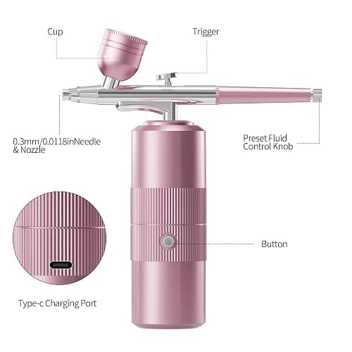 Airbrush Kit with Compressor Portable Airbrush Kit 48PSI High-Pressure Non-Clogging Air Brush Set Cordless Rechargeable with 0.3mm Nozzle and Cleaning Brush for Painting,Nail Art, Makeup (pink) thumbnail 7