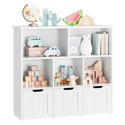 FOTOSOK Toy Storage Organizer with 3 Movable Drawers, Toy Organizer with Hidden Wheels and 5 Open Cubbies, Multifunctional Floor Storage Chest for Playroom, White thumbnail 10