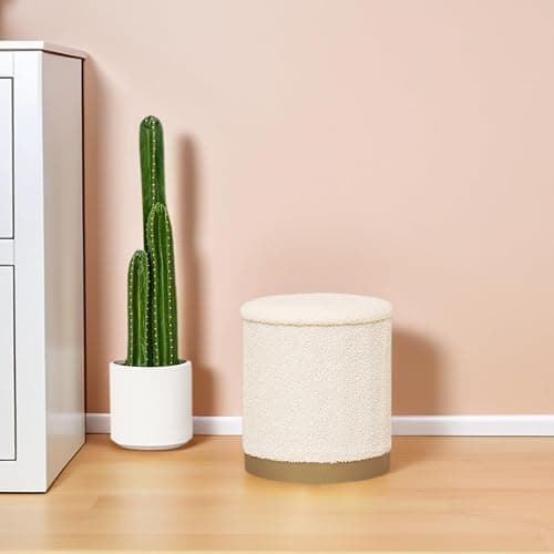 CAIPINFUL 15 Inches Round Storage Ottoman - Boucle Ottoman Foot Rest with Gold for Living Room,Bedroom and Dorm-White thumbnail 8