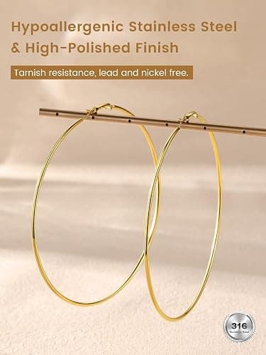 KeyStyle Gold Hoop Earrings for Women, Stainless Steel Hoops Earring Lightweight Loops, 2 mm Thick Hypoallergenic Circle Endless Thin Hoop (20/30/40/50/60/70/80/90/mm) thumbnail 5