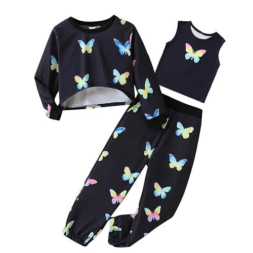 FJLSJSW Girls Long Sleeve 3 Piece Outfits Graphic Crop Sweatshirt Tank and Sweatpants Set - Image 1