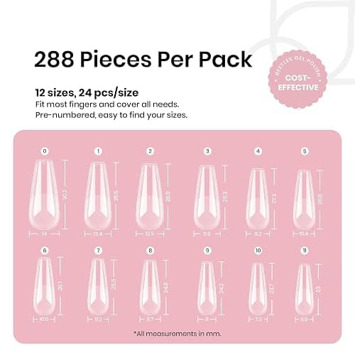 Beetles Coffin Long Gel Nail Tips –Pre-Etched Half Matte Full Cover, 288 Pieces, Pre-Shaped in 12 Sizes for Press-On Extensions thumbnail 3