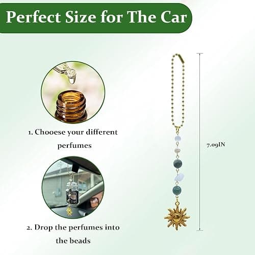 Sun Hanging Car Charm,Green and Gold Rear View Mirror Accessories Cute Boho Dangling Sun Car Decor Handmade Healing Crystals Stones Ornament Gifts for Women Men (Green) - Green thumbnail 3