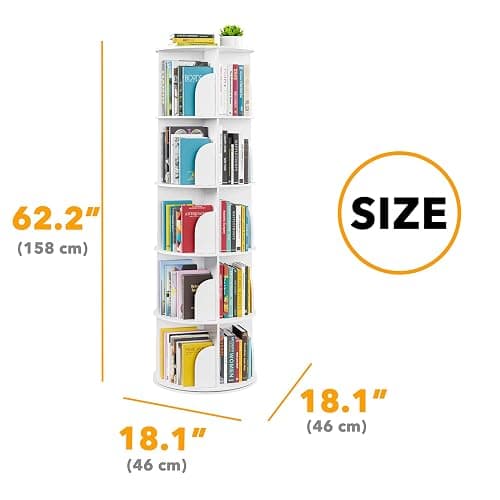 SpaceAid 5 Tier Rotating Bookshelf Tower, Spinning Bookcase Lazy Susan, Revolving 360 Book Shelf Storage Round Carousel, Vertical Rotate Turning Spiral Corner Organizer, White thumbnail 2