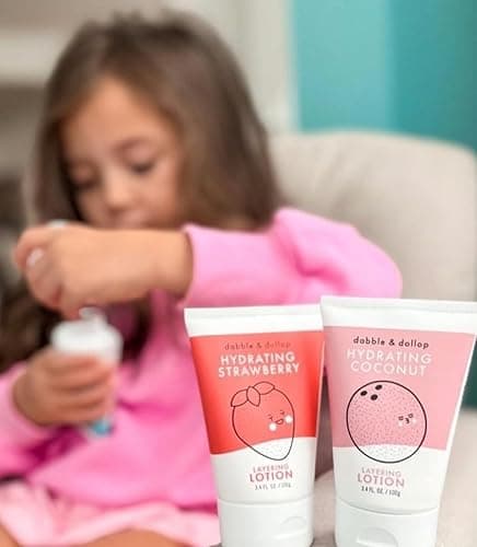 Dabble & Dollop Layering Lotion Set, Hydrating Strawberry, Coconut and Vanilla Scented Lotions for Kids, All-Natural, USA Made, Dermatologist Tested, Vegan & Cruelty-Free (Set of 3) thumbnail 5
