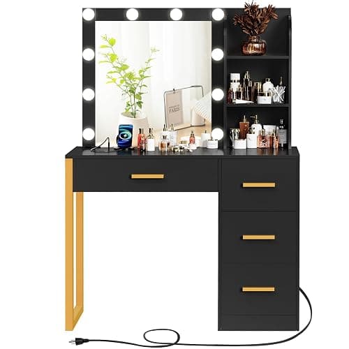 FIONESO Makeup Vanity Desk with Mirror & Lights, Vanity Desk with 4 Drawers & Charging Station, Dressing Vanity Table with Open Storage Shelves, 3 Color Modes, Vanity Table for Bedroom, Black thumbnail 8