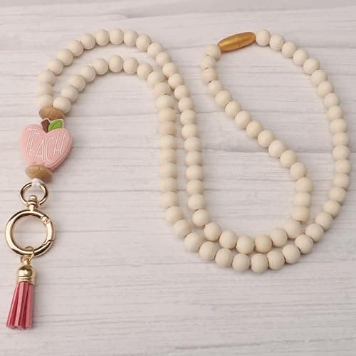 UGELOKI 2024 Teacher Lanyard With ID Holder, Fashion Wood Beaded for Key, Super Cute Boho Breakaway for Women thumbnail 2