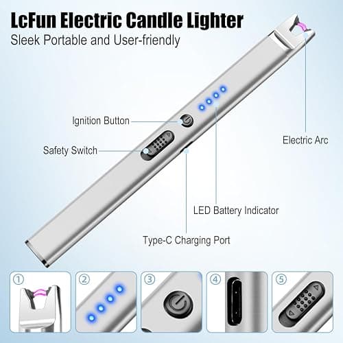 LcFun 2 Pack Candle Lighter Electric USB Rechargeable Plasma Arc Lighter with Safety Lock, Windproof Flameless Long Lighters for Candle, Grill, BBQ, Camping, Gas Stoves (Silver, Rose Gold) thumbnail 3