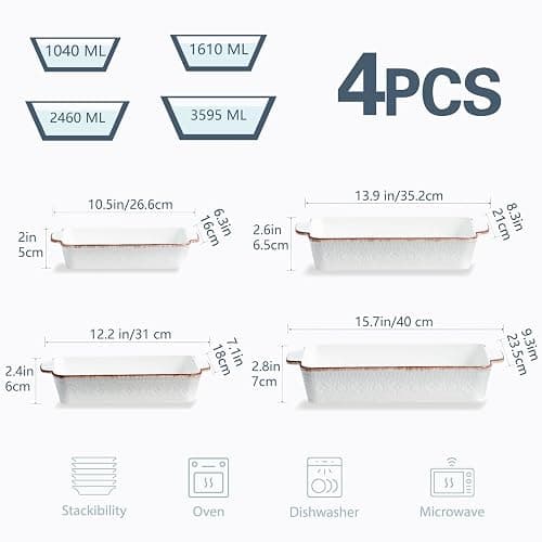 ONEMORE Lot de 4 plats à gratin en céramique avec poignées, Plats à cuisson rectangulaires, Plat à lasagnes pour gâteaux, repas et banquets, Compatibles lave-vaisselle et four thumbnail 3