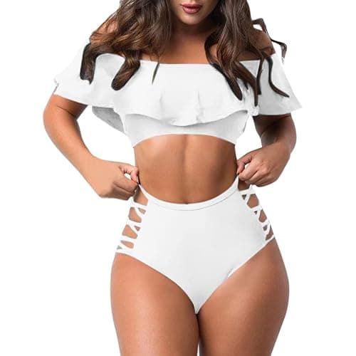 Akklian Women Two Piece Swimsuits Ruffled Plus Size Bikini Sets High Waisted Cutout Tummy Control Off Shoulder Bathing Suits - Image 1