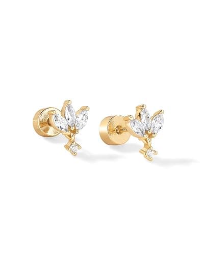 PAVOI 14K Gold Plated Dangle Flat Back Earrings for Women | Helix and Cartilage Pearl Cluster Triangle Lotus Pear Marquise Cubic Zirconia Screw Back Earring Pair thumbnail 3