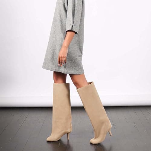 Women's Knee High Boots Nude Suede Wide Calf Stiletto Long Boots Pull On High Heel Riding Boots Fahion Dress Fall Tall Boots thumbnail 5