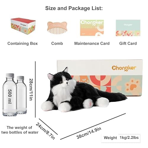 Chongker Interactive Companion Robot Cat Pets, Handmade Weighted Stuffed Animals, Cat Plush Toy with Voice Response, Realistic Heartbeat and Purring, Black Cat thumbnail 2