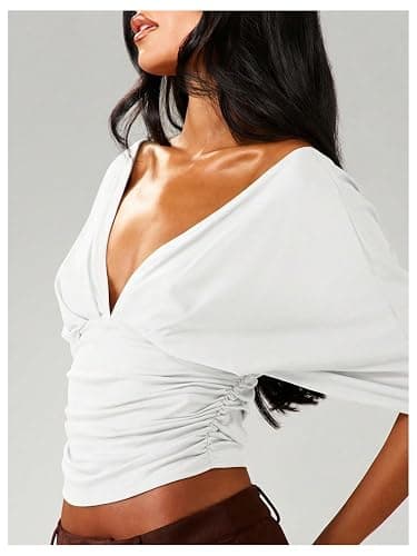 SOLY HUX Women's Deep V Neck Crop Top Short Sleeve Fitted Casual Blouse Going Out Shirts thumbnail 5