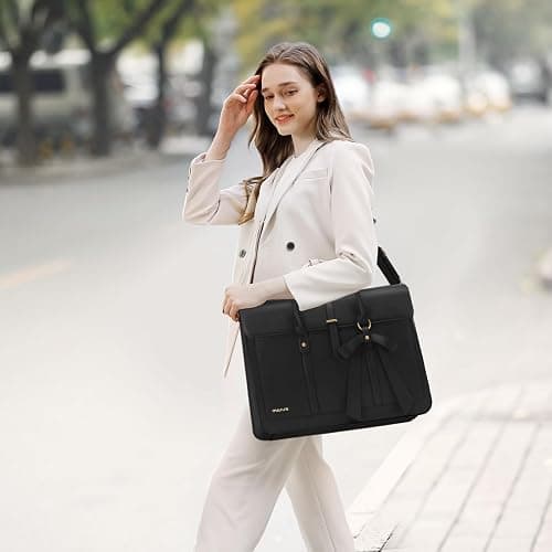 MOSISO Laptop Bag for Women, 15-15.6 inch PU Leather Laptop Shoulder Bags Convertible Backpack, 16 inch Messenger Bags Casual Handbag Work Briefcase Travel Computer Bag with Bowknot, Black thumbnail 2