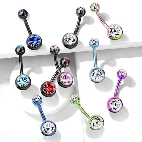 FIFTH CUE 14GA Black Titanium IP 316L Double CZ Barbell Belly Button Ring, Surgical Steel Belly Button Piercing Jewelry, Hypoallergenic Belly Ring for Women, Navel Piercing thumbnail 3