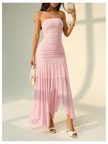 SOLY HUX Women's Sleeveless Strapless Irregular Ruffle Tube Dress Mesh Evening Night Party Long Dresses thumbnail 4