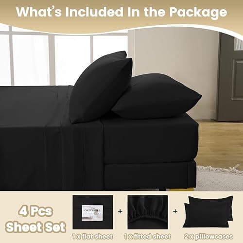 CozySmile Twin XL Sheet Set - 3 Piece Silky Soft Breathable Bed Sheet & Pillowcase Set, 16" Deep Pocket Hotel Luxury Wrinkle Free Easy Care Bedding Sheets, Black thumbnail 7