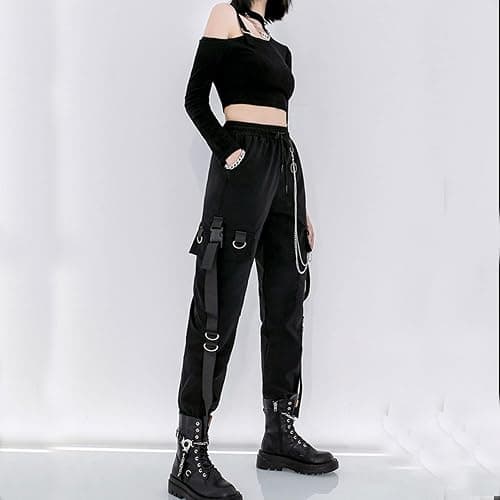 MEINVQIAOTI Black Cargo Pants for Women Techwear Women Loose Street Rock Style Casual Black Pants with Chain Goth Pants thumbnail 6