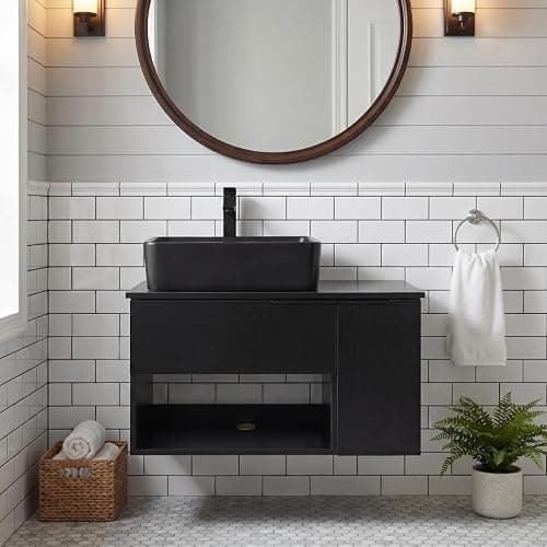 SOLIDEE 28'' Floating Bathroom Vanity with Sink, Wall Mounted Vanity, Black | Floating Bathroom Cabinets, Black handle, 1 Door, 1 Drawer & Open Shelf, Black Ceramic Sink - Image 1